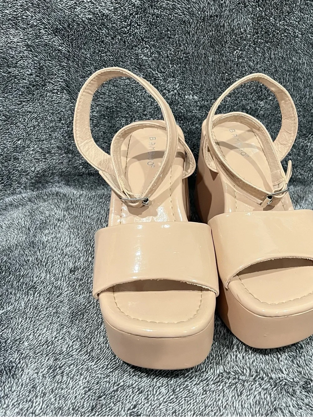 BAMBOO Nala-04 Women's Single Band Wedge Platform Sandal nude/beige size 7-7.5